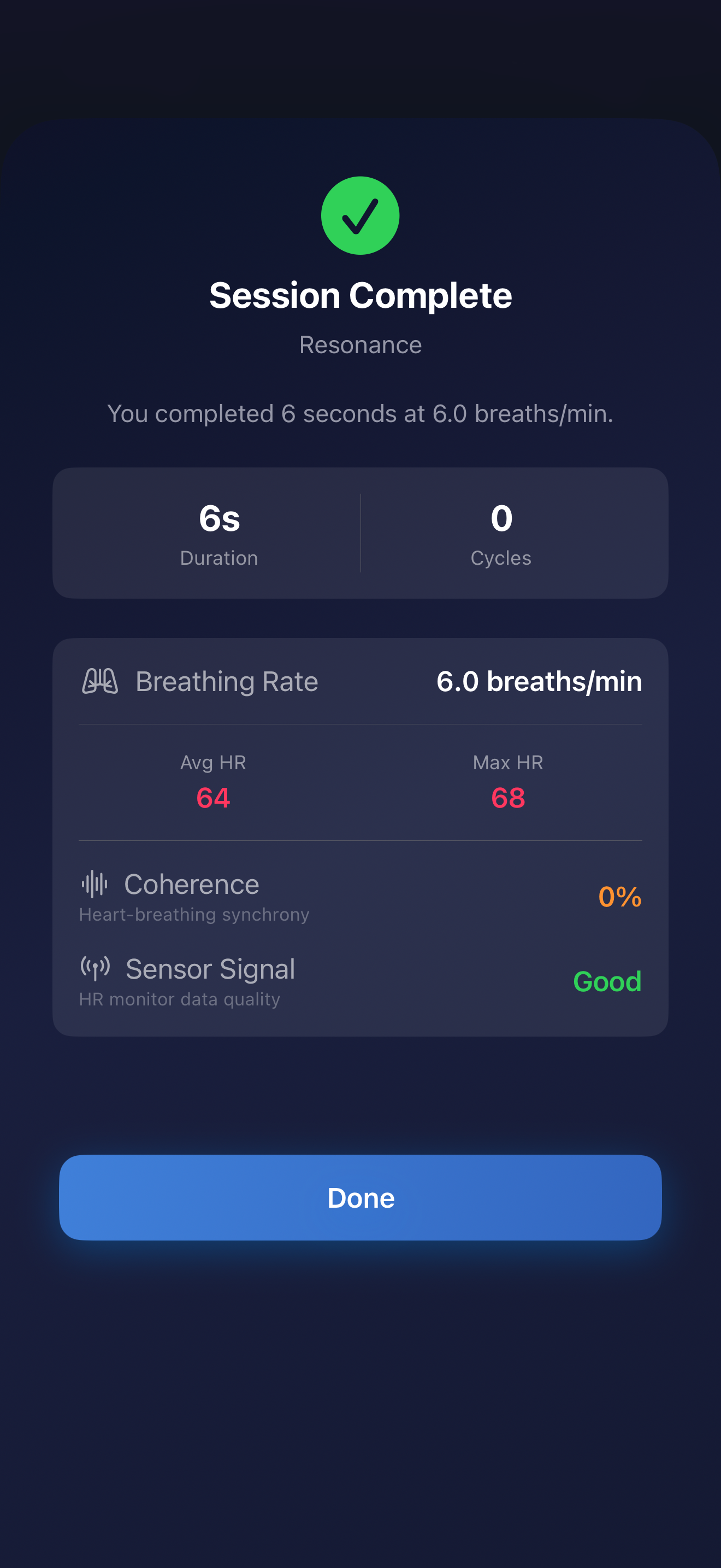 Session complete screen with duration, breathing rate, heart rate, and coherence metrics